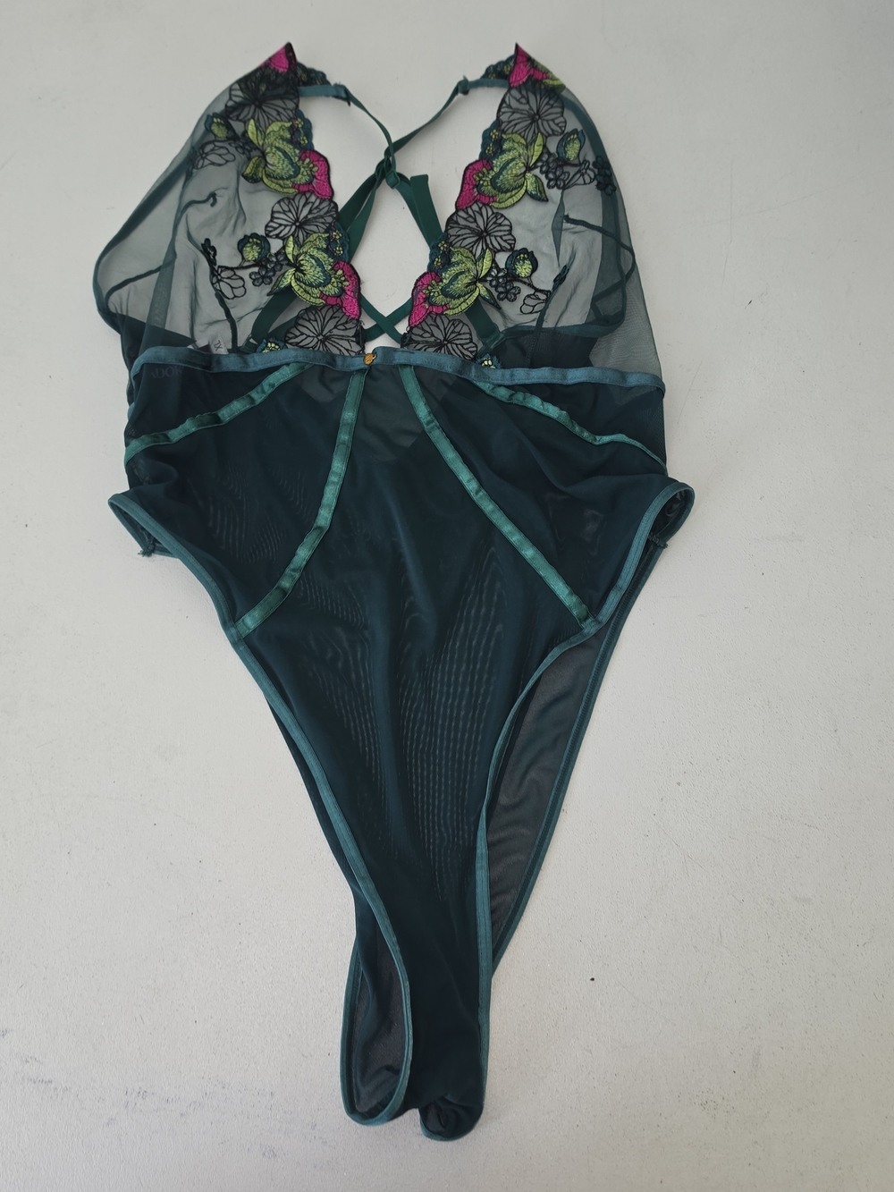 Adore Me Teal Sheer Lace Bodysuit with Pink & Lime Floral Embroidery